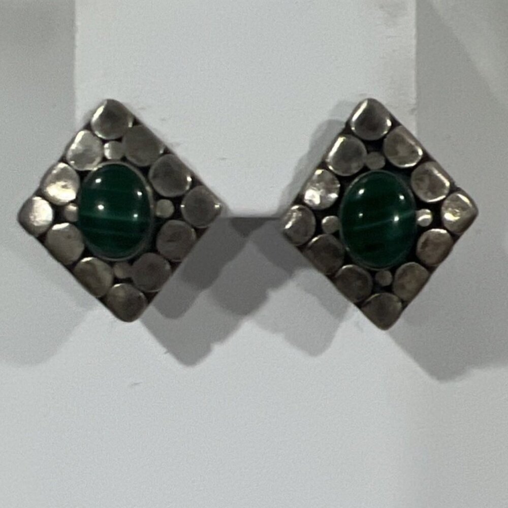 Vintage Malachite Sterling 925 Silver 3/4 Inch Earrings - Picture 4 of 7